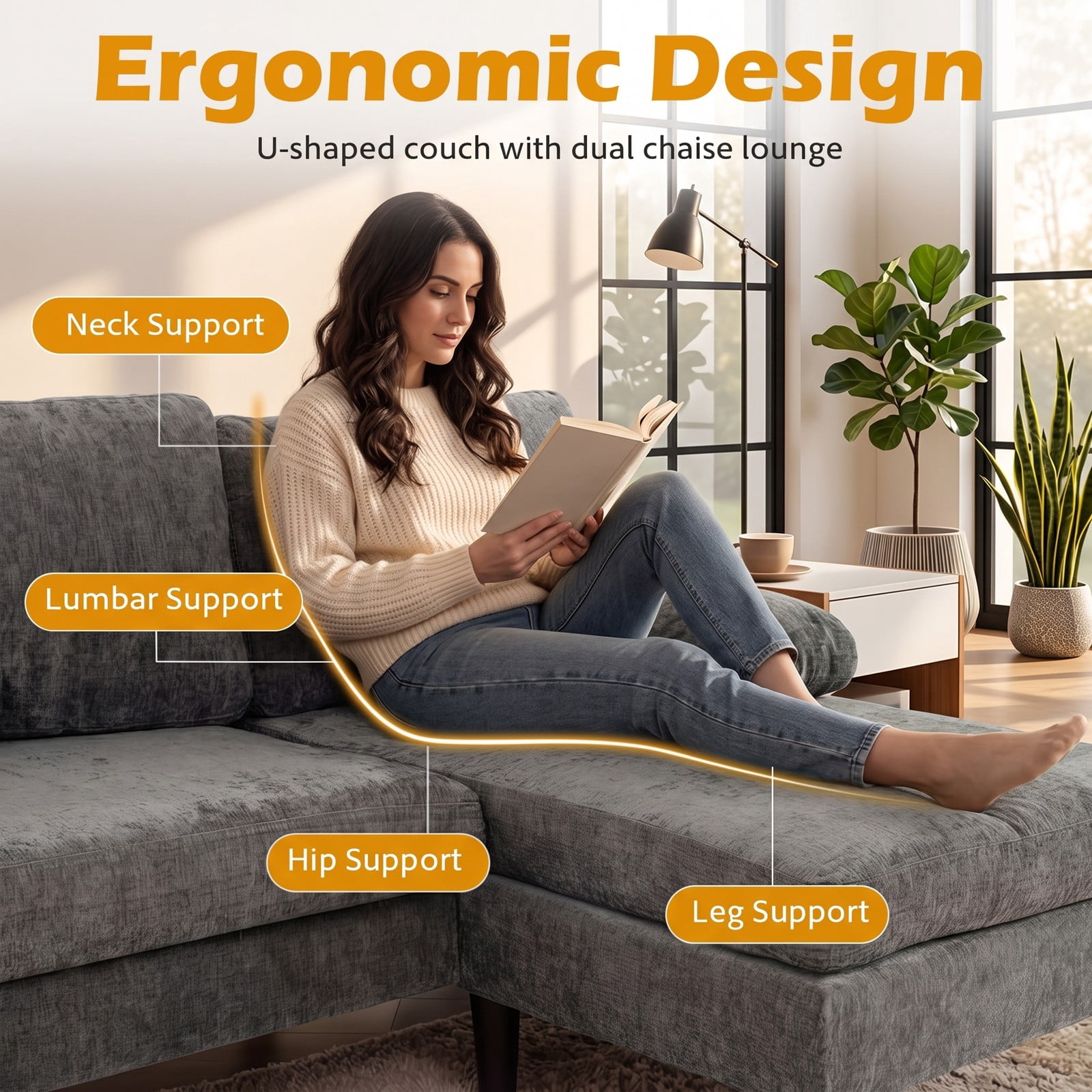 Furnibear U-Shaped Sectional Sofa Couch with Double Chaise Lounge, Modern Chenille Upholstered Modular Deep Seat Sectional Set for Living Room Apartment, Holds, Gray