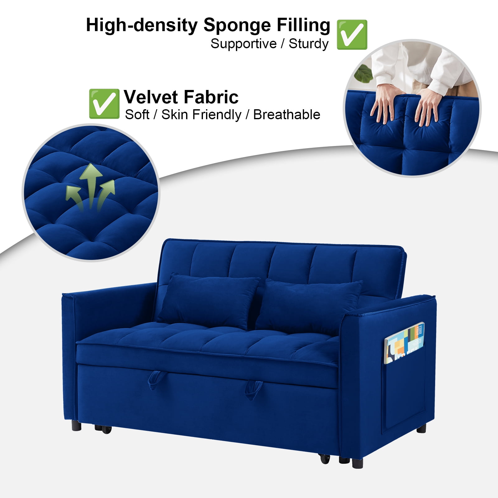 Howcool 55" 3 in 1 Convertible Sleeper Sofa Bed, Pull Out Loveseat Couch with Storage Pocket,Blue