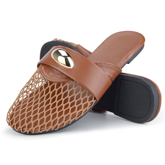 BERANMEY Mesh Breathable Women's Sandals Casual Slip on Sandals for Women Summer Flat Walking Sandals Comfortable Wide Width Lightweight Slide Sandals with Metal Buckle