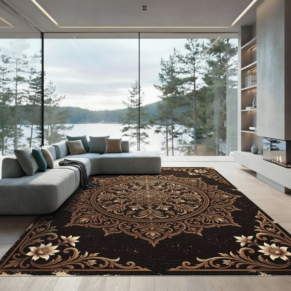 ODIKA 4'x6' Machine Washable Non-Slip Area Rug, Oriental Gold High Traffic Rug, Brown, 959034