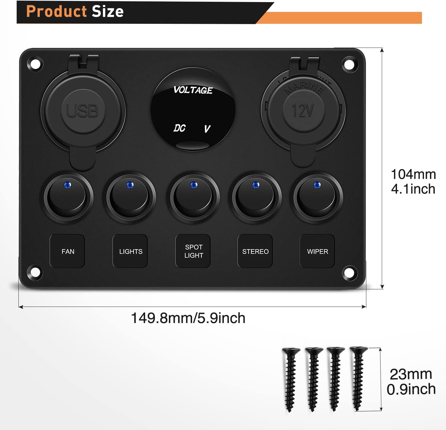 DEXIMRO Multi-Function 5 Gang Rocker Switch Dual USB Charger Digital Volmeter 12V Outlet Pre-Wired Switch Panel Blue with Circuit Breakers for RV Car Boat Truck Trailer