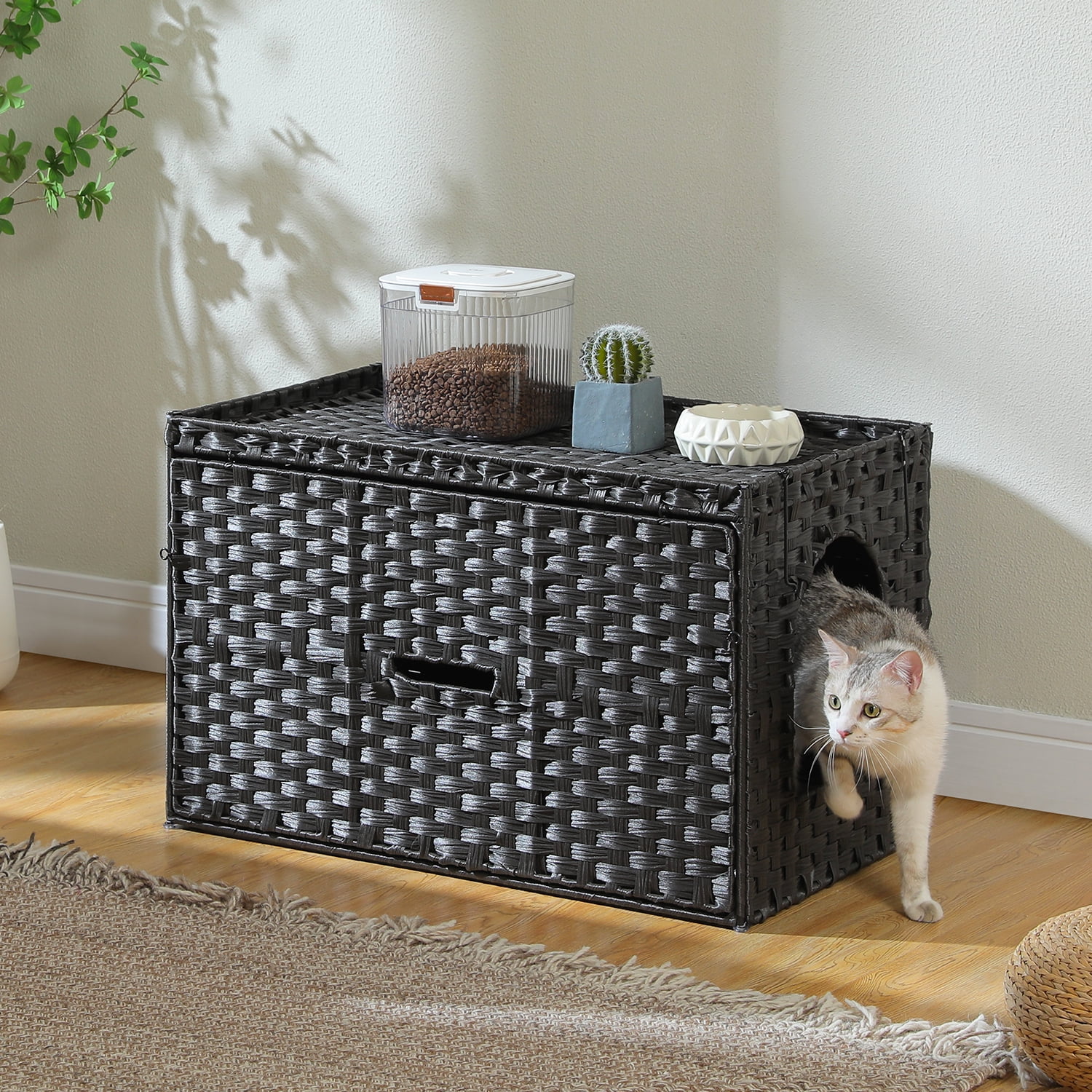 PEQULTI Rattan Cat Litter Box Enclosure Pet House with Taller Doorway for Large Cats Indoor Black
