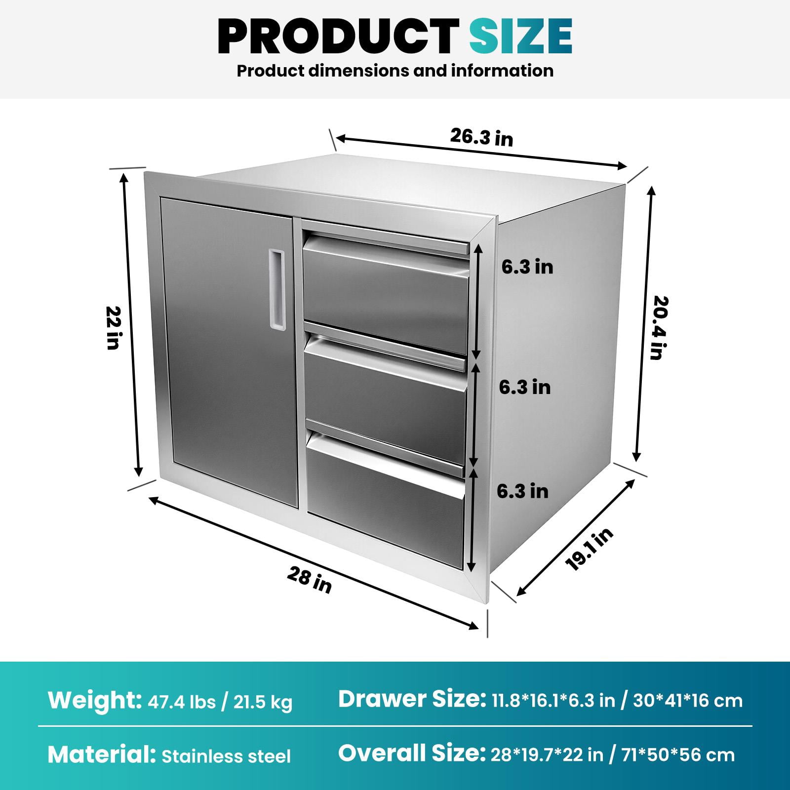 Stainless Steel Outdoor Kitchen Cabinet, 3 Drawer Built-in BBQ Storage Cabinet with Single Door for Patio Grill Station