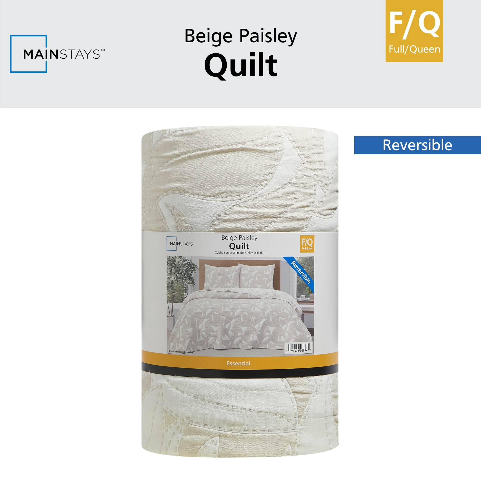 Mainstays Quilt Beige Paisley Floral, Polyester Quilted, Full/Queen - Breathable, Hypoallergenic, Antimicrobial