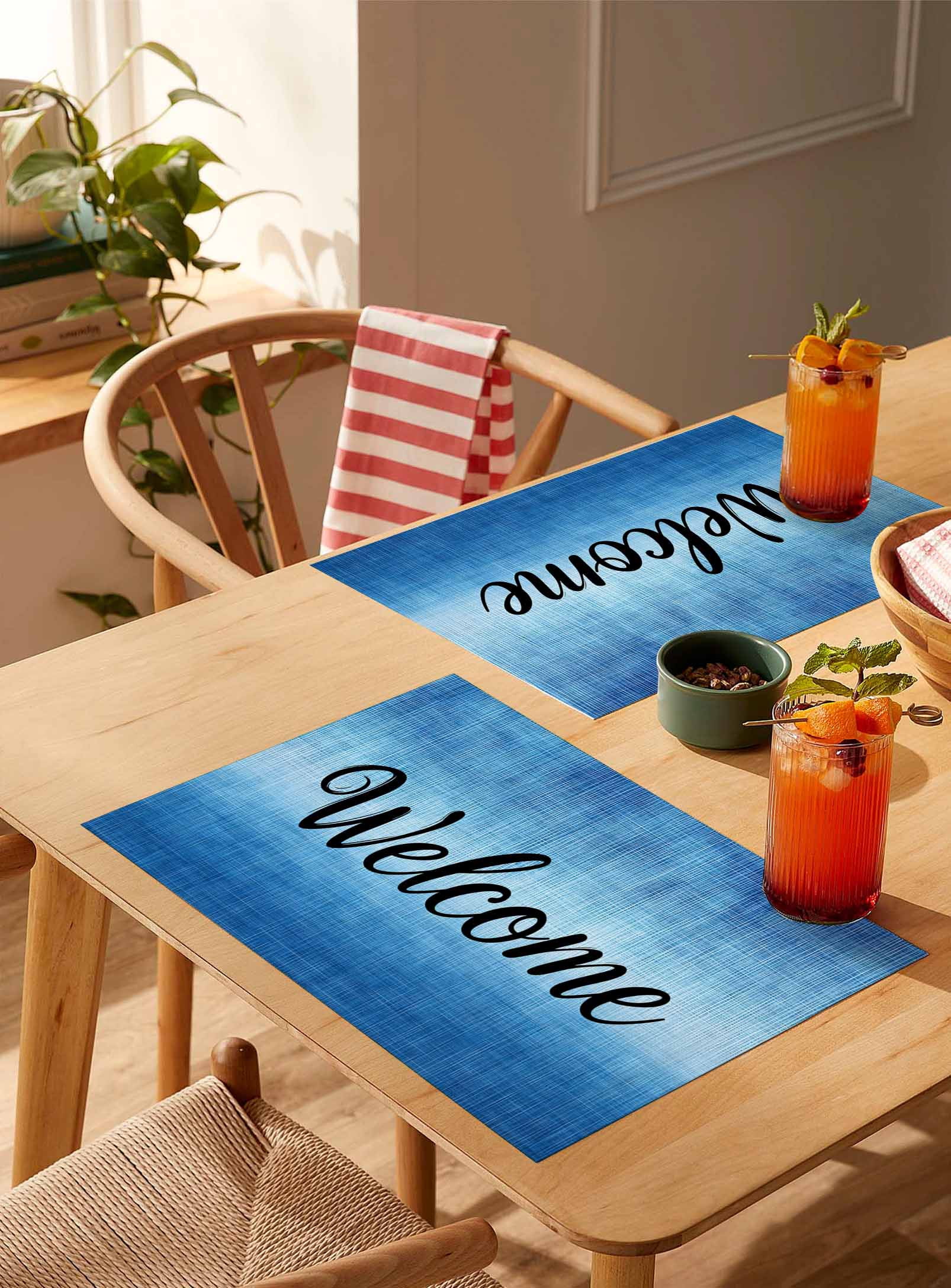 Welcome Quote Dark Blue Gradient Placemats Set of 4,Wipeable Washable Table Mats for Dining Tables,Summer Watercolor Style Place Mats for Kitchen Event Party Tabletop Decor
