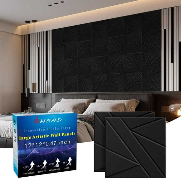 Paneles de pared insonorizados BSHEAD, paquete de 12 unidades, 30 x 30 x 1,2 cm, color negro