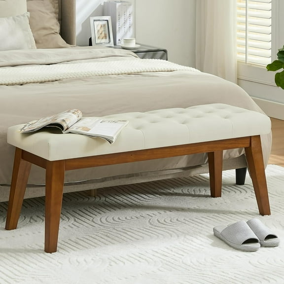 43.5'' Faux Leather Bedroom Bench, Upholstered End of Bed Bench with Tufted Button, Padded Vintage Dining Bench, Entryway Bench with Solid Wood Legs, Kitchen, Living Room, Hallway, Beige Tufted