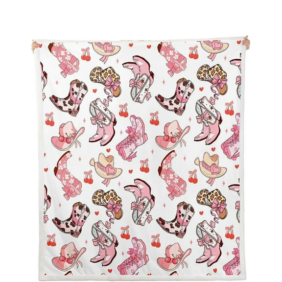 Pink Cowgirl Throw Blanket – Western Aesthetic Blanket with Boots and Bows – Trendy Cozy Cowgirl Home Decor
