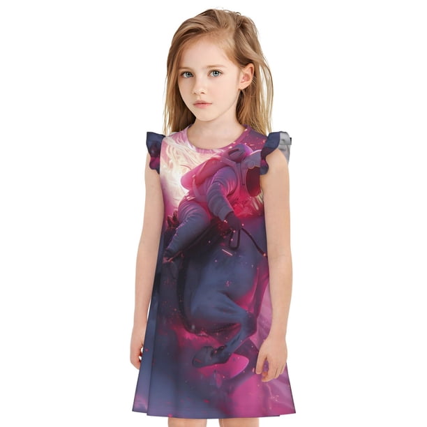 Fotbe Astronaut Riding Fiery Horse Vestido de Dormir para Niñas de 3 a 10 Años, Mangas Cortas, Estilo Princesa, Pijama Camisón con Mangas Voladas-Medium
