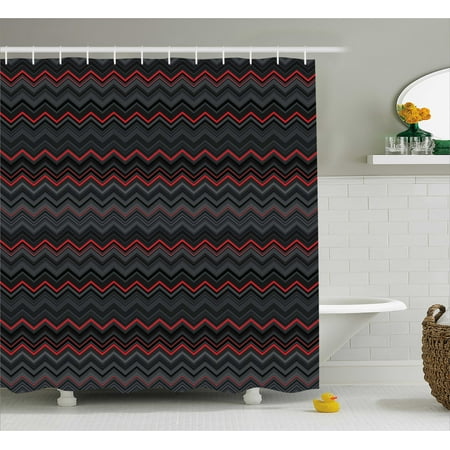 Bold Curtain Fabric Red and Black Shower Curtain, Zigzag Chevron Design with Bold Thin Layers Print, Fabric Bathroom Set with Hooks, 69W X 70L Inches, Light Grey Charcoal Grey and Scarlet, by Ambesonne ()