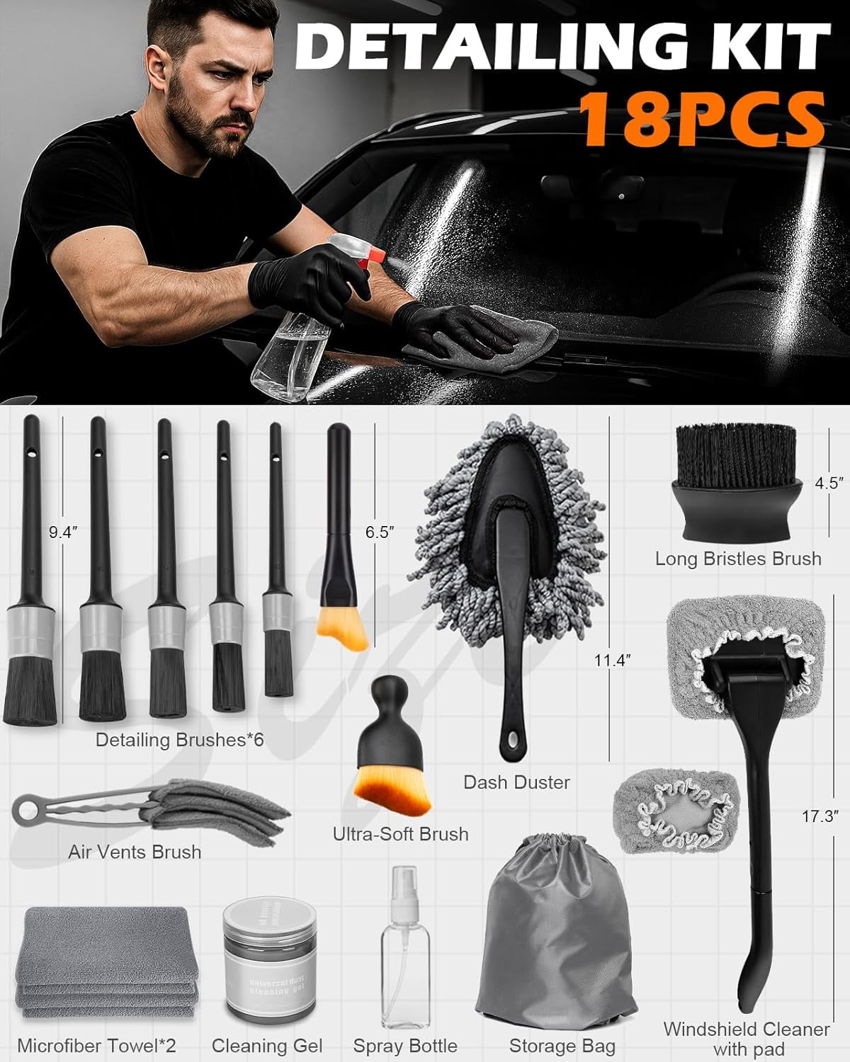 Windshield Cleaner Tool, 18Pcs Car Interior Detailing Brush Set, Inside Windshield Cleaning Kit with 2 Microfiber Pads, Duster Brush, Cleaning Gel, Car Detailing Supplies for Women & Men