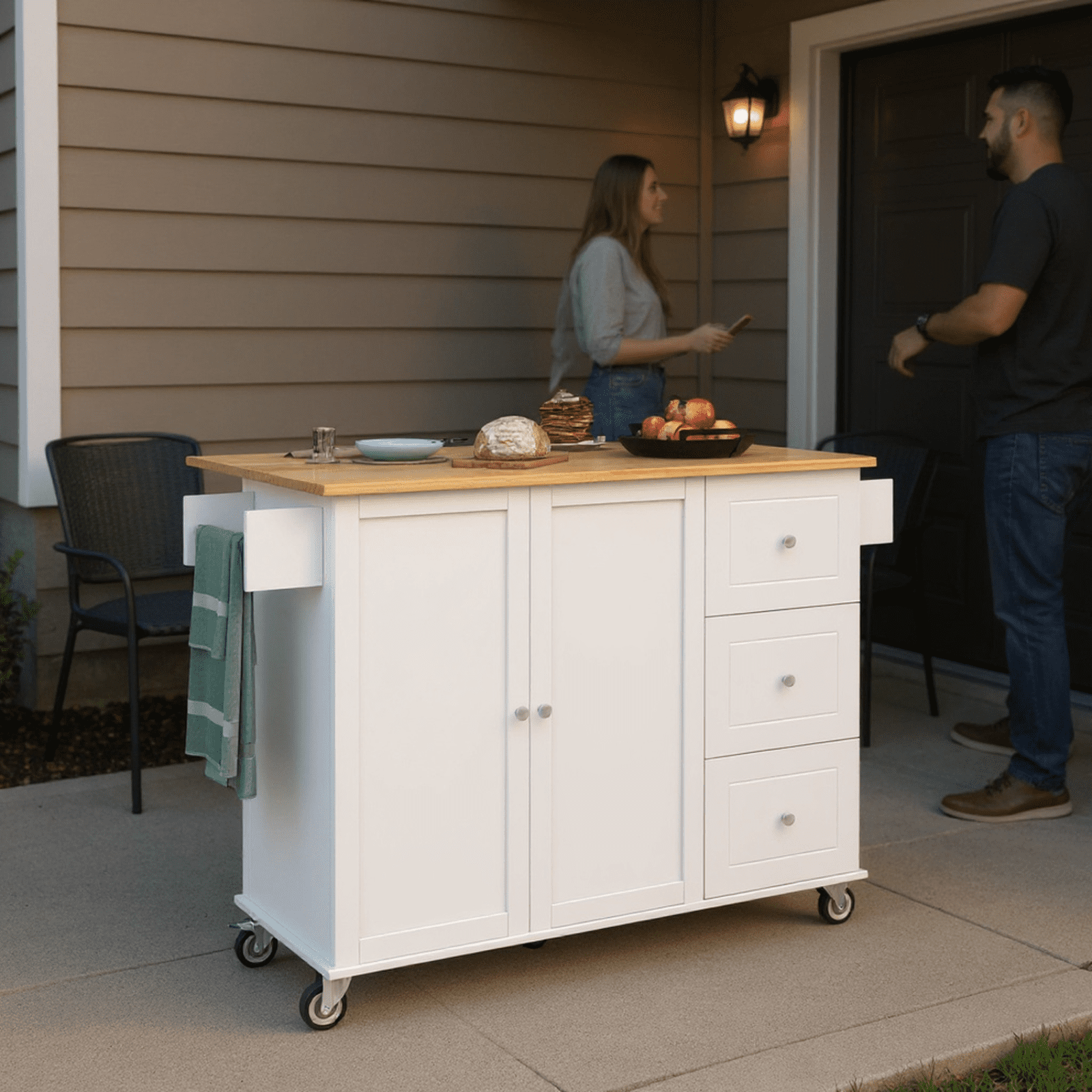 Homy Casa Kitchen Serving Cart with Storage, 3 Drawers, Side Shelf & Wood Top, Rolling Island on Wheels