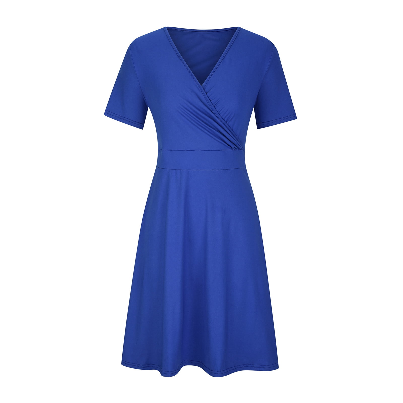 Hueook Plus Size Dresses Cocktail Dresses for Wedding Guest Womens Casual Plus Size V-Neck Solid Short Sleeve Boho Dress Dress with Pockets Blue 4X