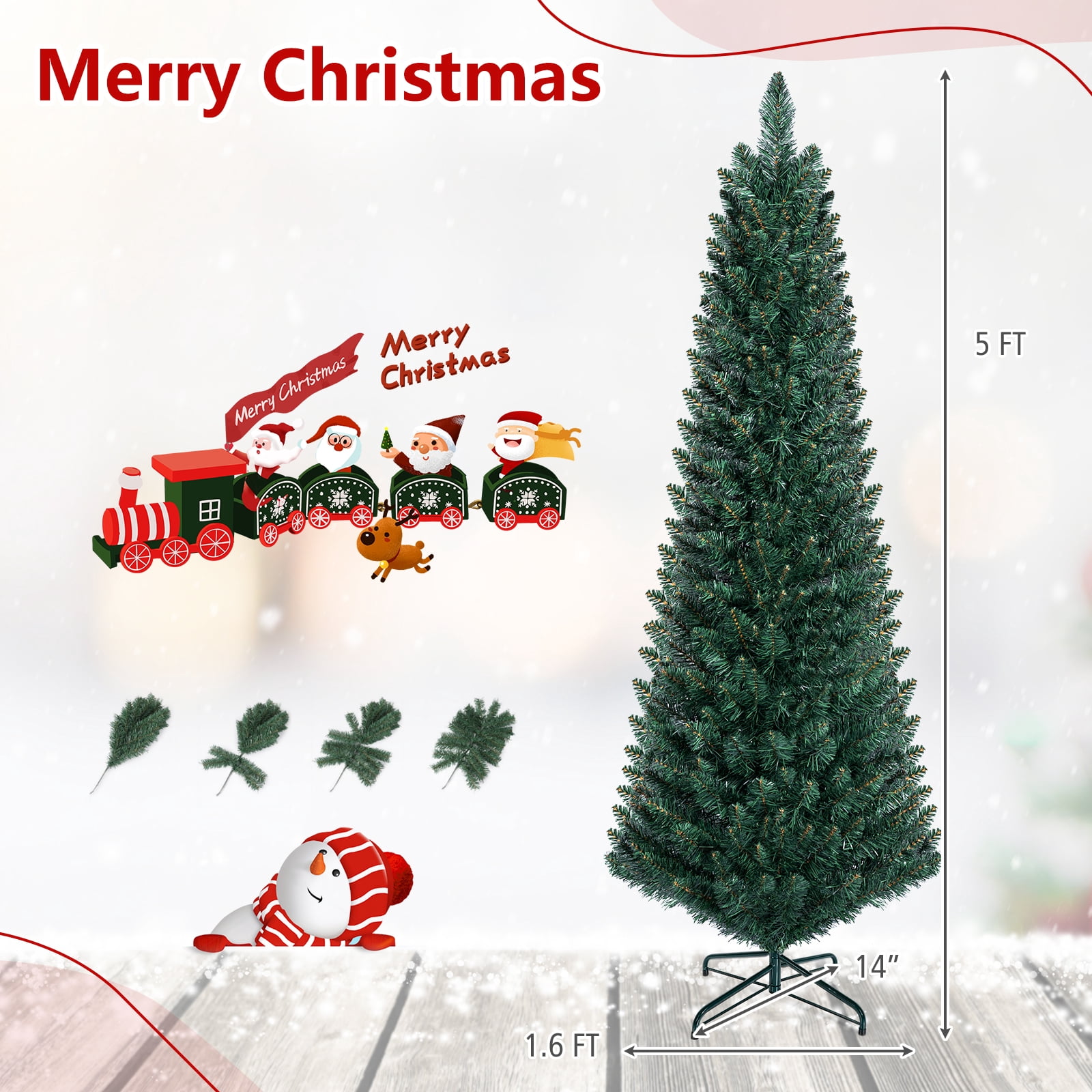 Costway 5Ft PVC Artificial Pencil Christmas Tree Slim Stand Green