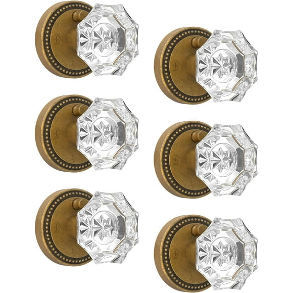 6 Pack Privacy Antique Brass Crystal Door Knob with Lock, Antique Brass Glass Door Knobs Interior for Bedroom or Bathroom, Heavy Duty for Left Right Sided Doors