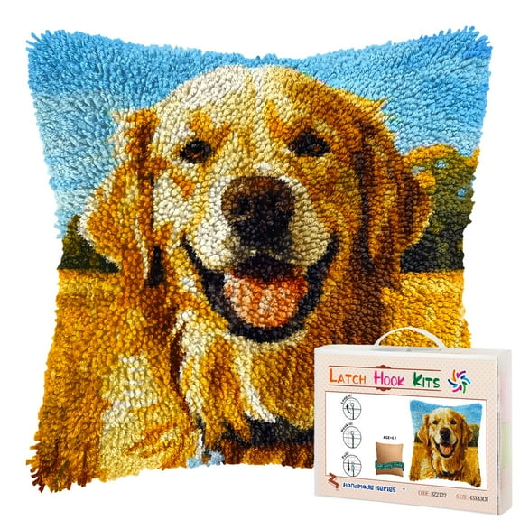 Golden Retriever Terrier DIY Latch Hook Pillow Kits for Adults Printed Pillowcase Crochet Yarns Hooking Handmade Pillow Cover Cushion for Home Sofa Decoration 17x17inch