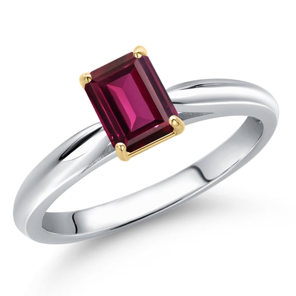 Gem Stone King 10K Two Tone Gold Red Rhodolite Garnet Engagement Ring for Women | 0.73 Cttw | Emerald Cut 6X4MM | Gemstone January Birthstone | Size 7