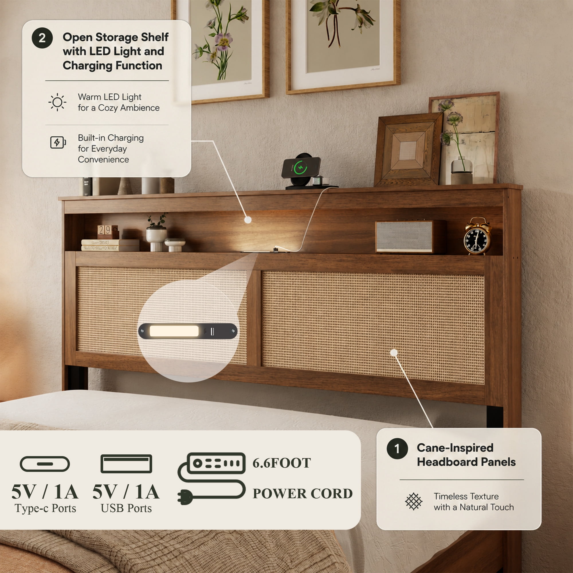 Queen Bed Frame 86.02 Inch, Rattan Headboard with Built In LED Reading Light and Storage Shelf, Modern Farmhouse Platform Bed, No Box Spring Needed, Brown
