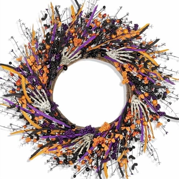 Halloween Wreath for Front Door - 22 Inch Skeleton Black Handmade Door Wreath With Purple and Orange Berries for Gothic Decorations