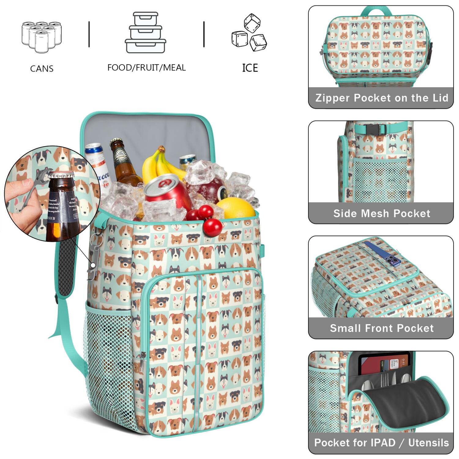 Travel Cooler Bag - Lovely Dog Breeds Camping Beer Cooler Backpack with Bottle Opener- Waterproof Insulated Picnic Backpacks - Cooler Bag for Beach