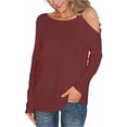 thumbnail image 3 of Pompotops Mode Femme Décontractée Col Rond Manches Longues Épaules Dénudées Hauts Unis Blouse, 3 of 4