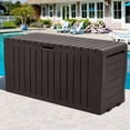 thumbnail image 2 of 75GAL Outdoor Storage Box, Seizeen Deck Box for Outside, Storage Bench w/Wheels & Padlock, All-weather Waterproof Patio Storage Container for Cushions, as Seat Max 250LBS, Espresso, 2 of 9
