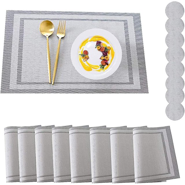 Juegos de manteles individuales, manteles individuales y posavasos, juego de 8 manteles de PVC resistentes al calor, lavables, con 8 manteles individuales antideslizantes y 8 posavasos redon