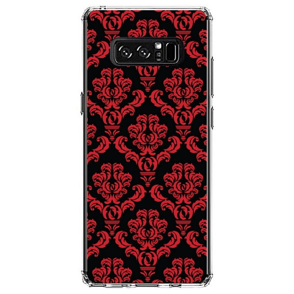 DistinctInk Clear Shockproof Hybrid Case for Samsung Galaxy Note 8 - TPU Bumper, Acrylic Back, Tempered Glass Screen Protector - Black Red Damask Pattern - Floral Damask Pattern