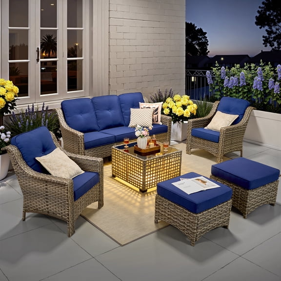XIZZI 6 Pieces Outdoor Patio Furniture set with ottomans High-Back All-Weather Rattan Wicker Outdoor Conversation Set with Solar Coffee Table,Diamond Blue