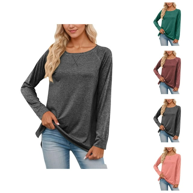 Womens Long Sleeve Shirts 2026 Spring Fashion Crewneck Raglan Sleeve Relaxed Fit Casual Basic T Shirts