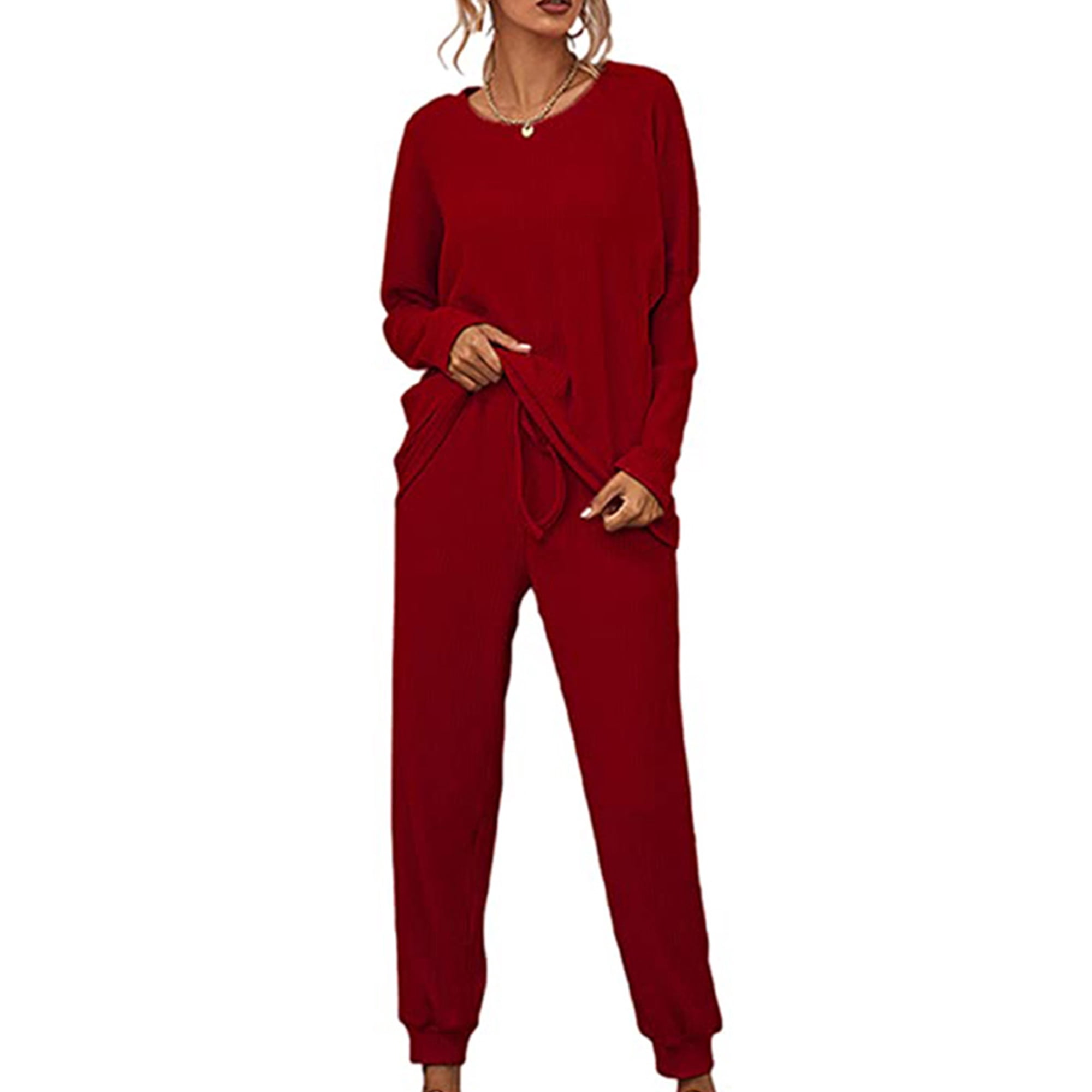 Bellella Ladies Nightwear Drawstring Loungwear Tops And Pants Sleepwear With Pockets Elastic Waist Pajamas Sleep Lounge Sets Wine Red 2xl Other