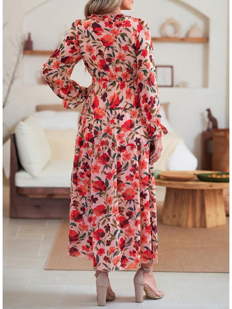【RONRON】24ss FLORAL LONG SLEEVE Fragments of Flowers Long Sleeve Tiered Dress - Red