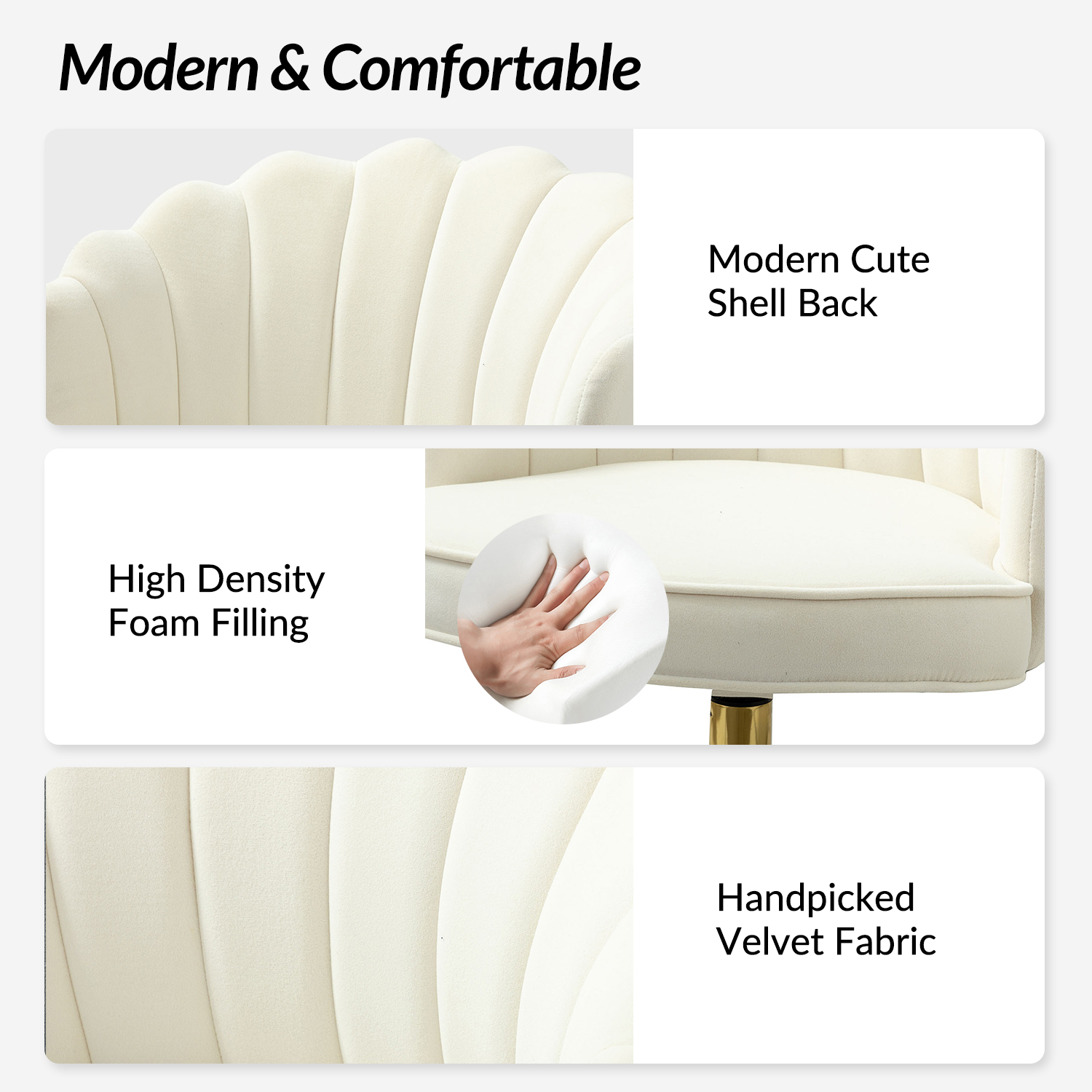 Tina's Home Makeup Vanity Table Chair Velvet Upholstered Shell Backrest Swivel Adjustable Gold Legs Office Bedroom Ivory