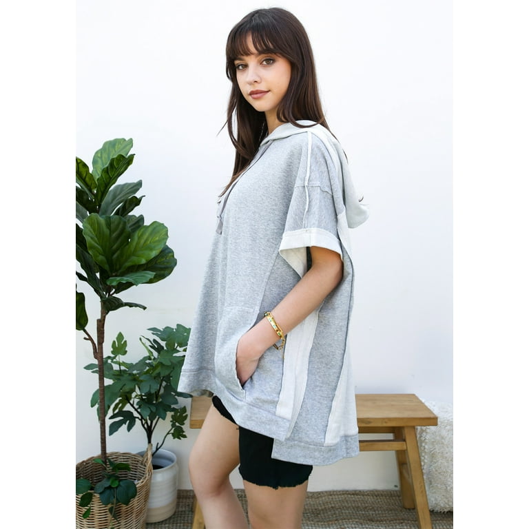 Fashion Womens Oversized Short Sleeve Hoodie Side Slits Pullover Sweater Top