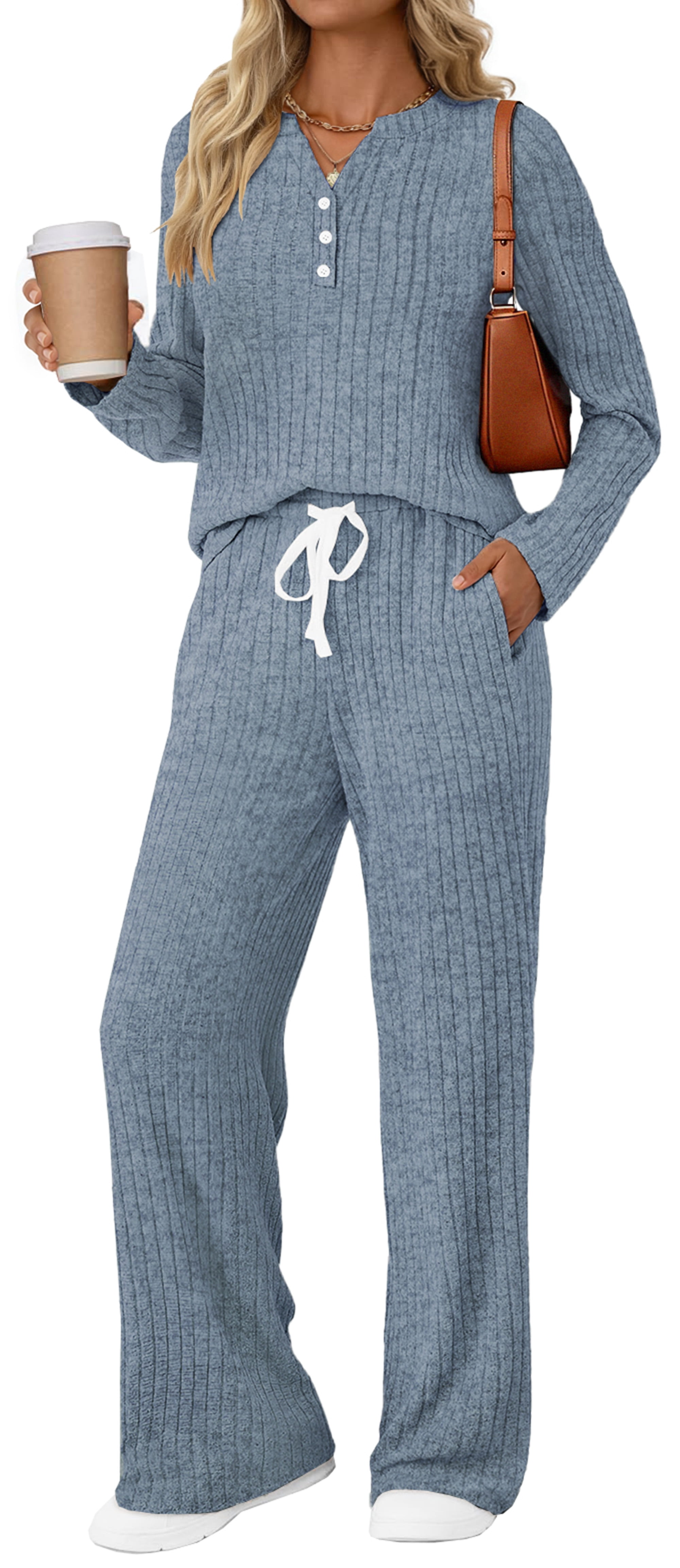 Fantaslook Two Piece Lounge Sets for Women Fall Travel Outfits Henley Neck Sweater tops Wide Leg Pants Matching Sets Pajamas Clothes