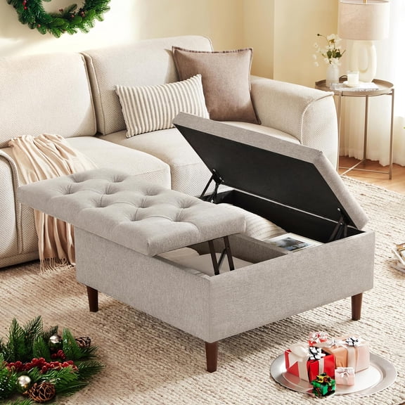 35 Inch Extra Large Storage Ottoman Coffee Table, No Assembly Required, Oversized Square Ottoman with Storage, Tufted Upholstered Ottomans Coffee Table for Living Room (Fabric, Light Grey)