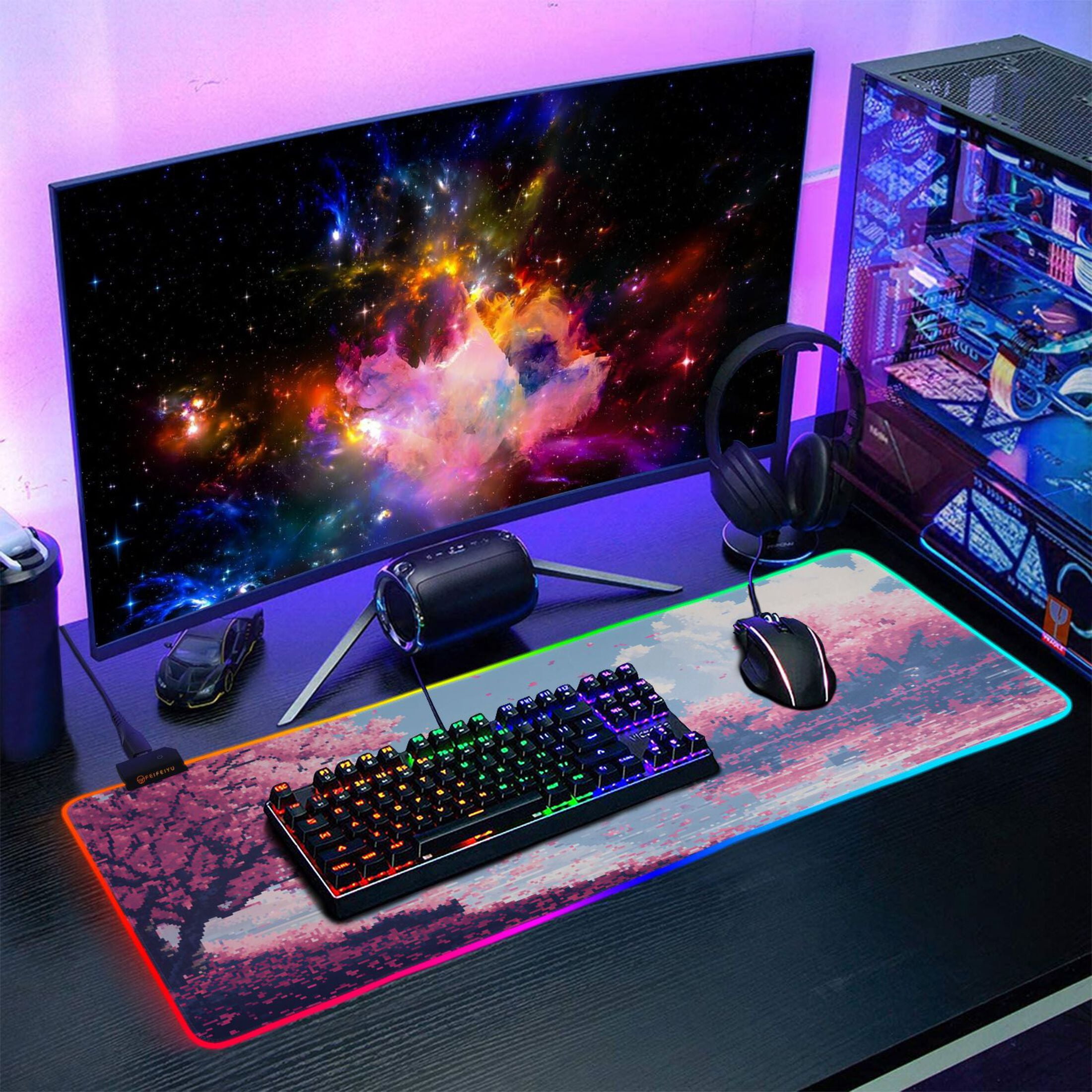 Large RGB Gaming Mouse Pad Led Glowing Mousepad Non-Slip Rubber Base 13 Light Modes 31.5x11.8 Cherry Blossom Trees with Falling Petals