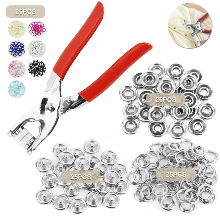25 Sets Snap Fasteners Tool Kit, 100Pcs DIY Metal Snaps Buttons with  Fastener Pliers Press Tool Kit, 9.5mm Snaps Buttons for Sewing and Crafting  Jeans Bags 