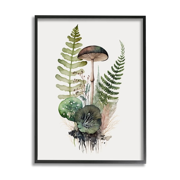 Stupell Industries Mushroom & Ferns Nature Botanical & Floral Painting Black Framed Art Print Wall Art, 11 x 14