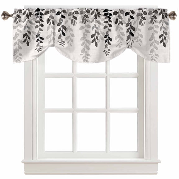 Fsddascl Grey Ombre Botanical Tie Up Valance Curtains for Windows, Kitchen Curtains Window Treatments, Watercolor Gray Pastoral Leaf Rustic Short Window Shades Valances for Bedroom Bathroom 42"x18"