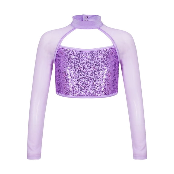 MSemis Kids Girls Turtleneck Sequin Long Sleeve Dance Crop Top Purple 10