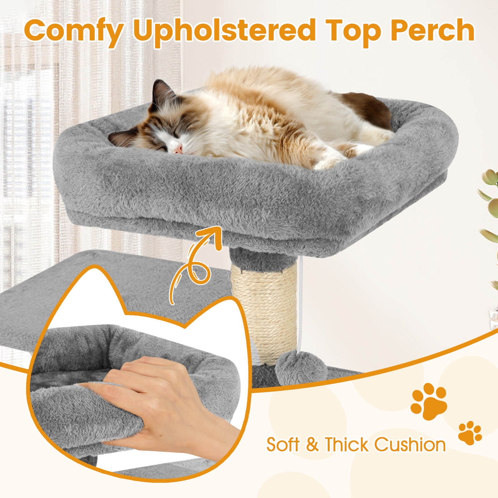 Costway 58” Tall Multi-level Cat Tree with Upholstered Perch & Cat Condo, Comfy Hammock Light Gray