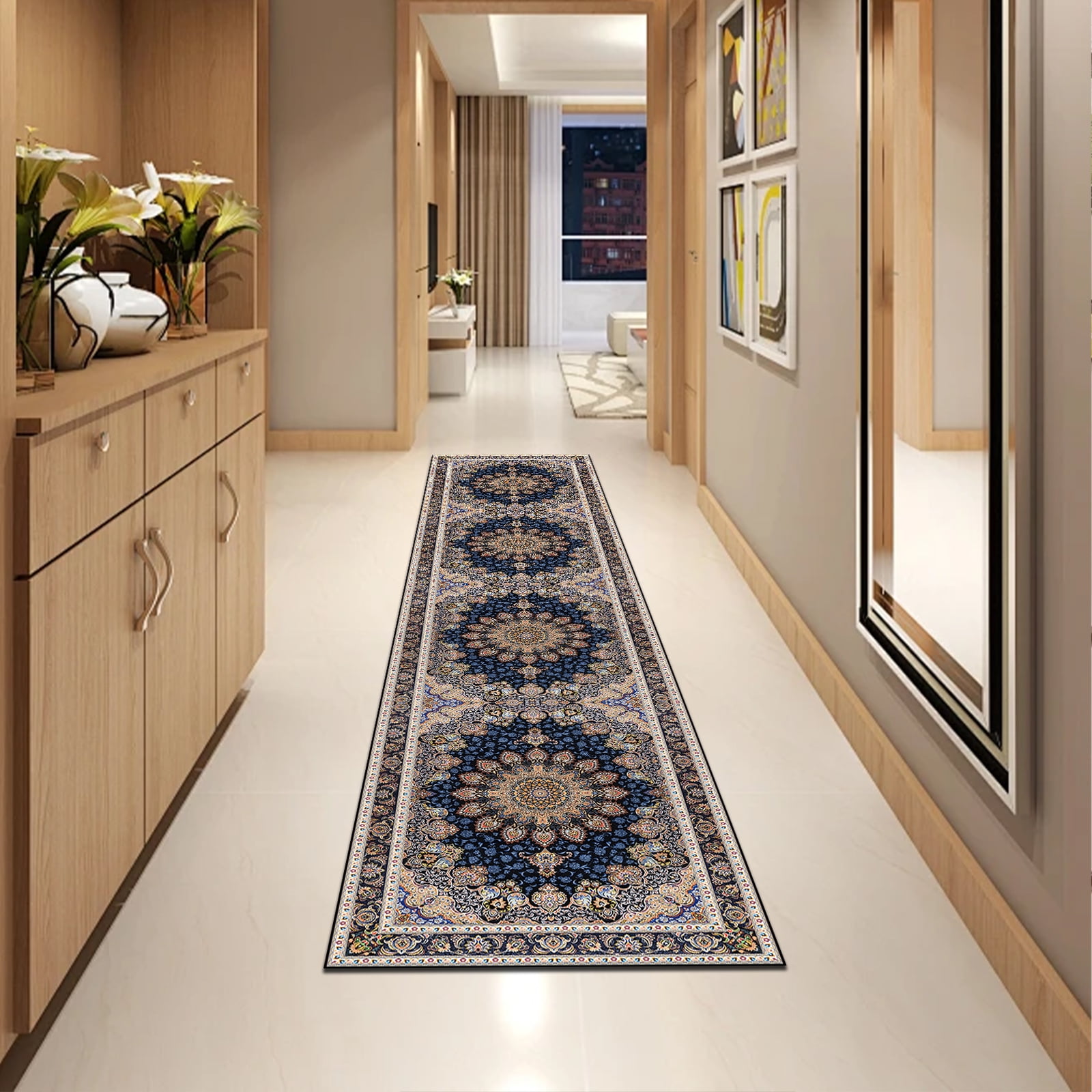 Mitzzllc Runner Rug 2'x10'Non Slip Hallway Vintage Rugs,Machine Washable Long Floor Carpet Entryway Area Rugs,Dark Blue and Beige