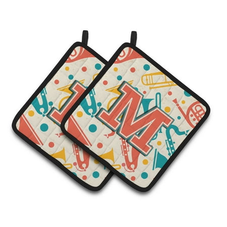 

Letter M Retro Teal Orange Musical Instruments Initial Pair of Pot Holders