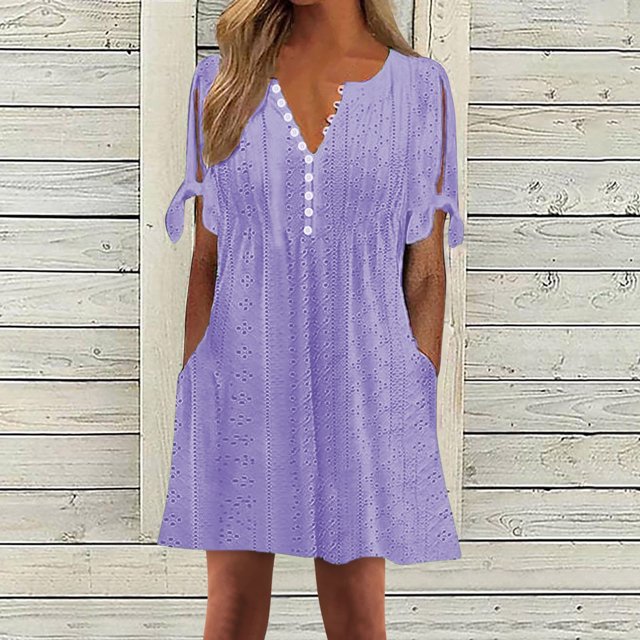 Baikeli Liquidation Robes pour Femmes Mode pour Femmes Couleur Unie Manches Courtes Col en V Robe Mi-Mollet Robes Maxi pour Femmes pour le Printemps
