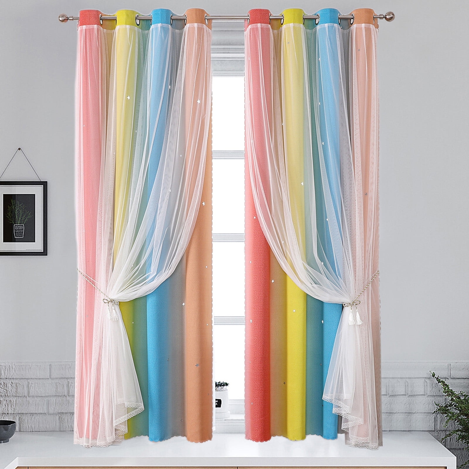 2-in-1 Double-Layer Kids & Girls Unicorn Princess Ombre Blackout Curtains with Foil Print Sheer,Panels for Bedroom, Nursery, Living Room - Yellow Purple Blue, 52W x 63L
