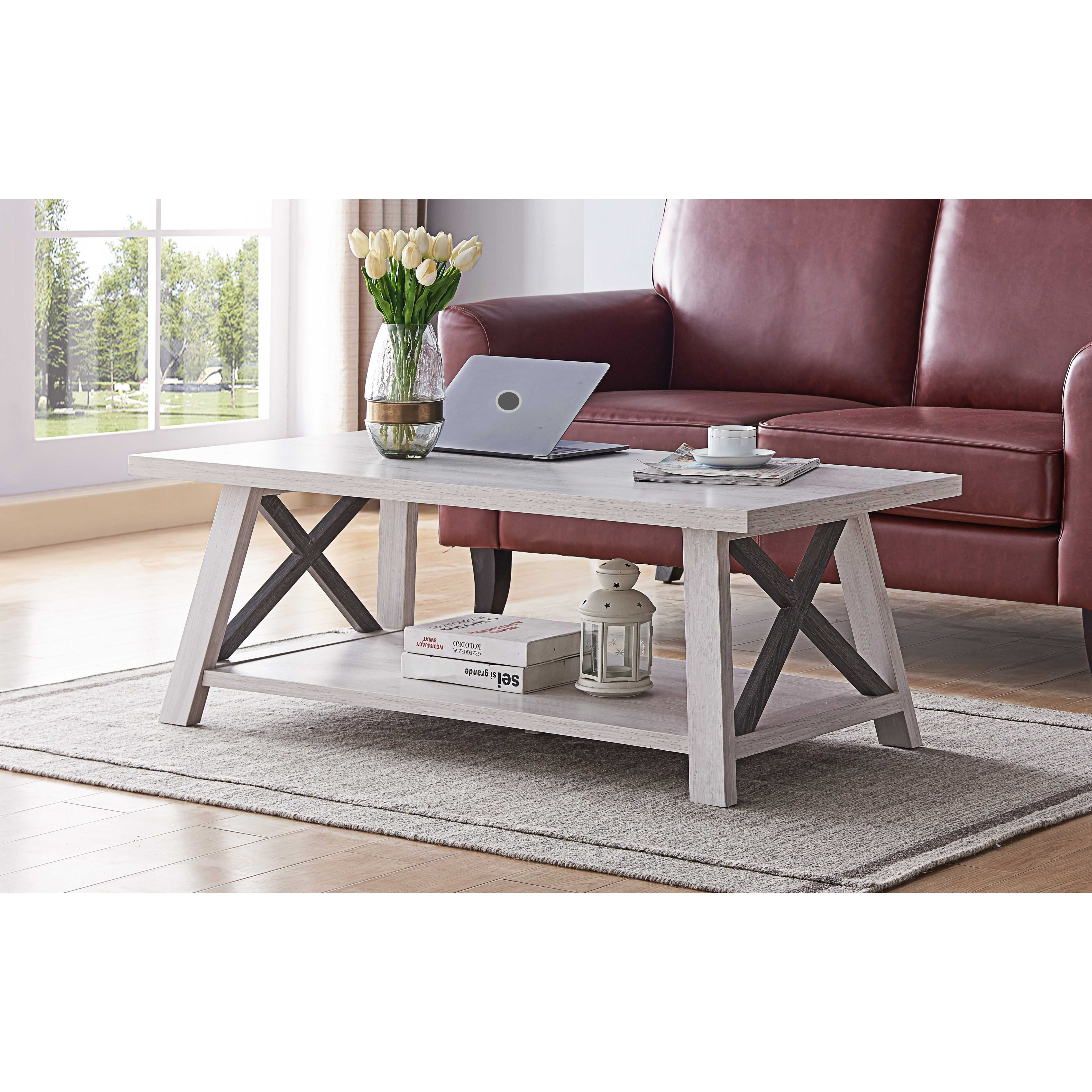 Transitional Modern Coffee Table with Lower Display Shelf, White Oak