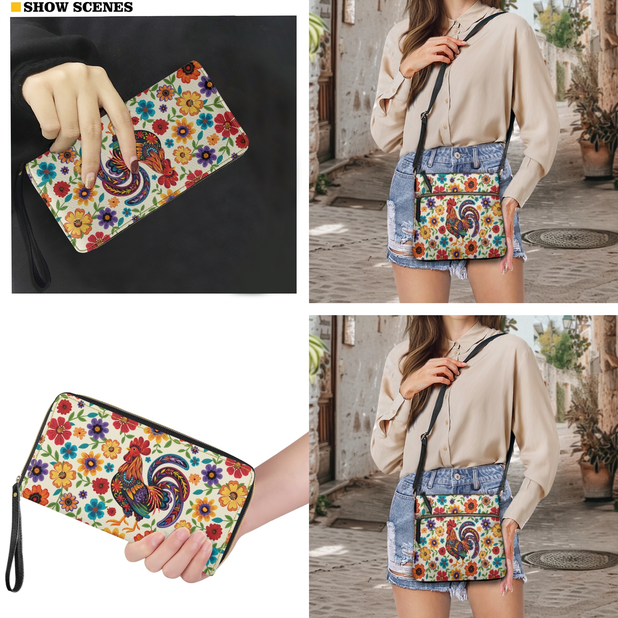 ZUXONGSY Abstract Rooster Daisy Flower Print Leather Crossbody Purse Wallet Set for Women, Multi Pockets Satchel Purse Medium Size Zipper Shoulder Hobo Bag with PU Leather Wallet