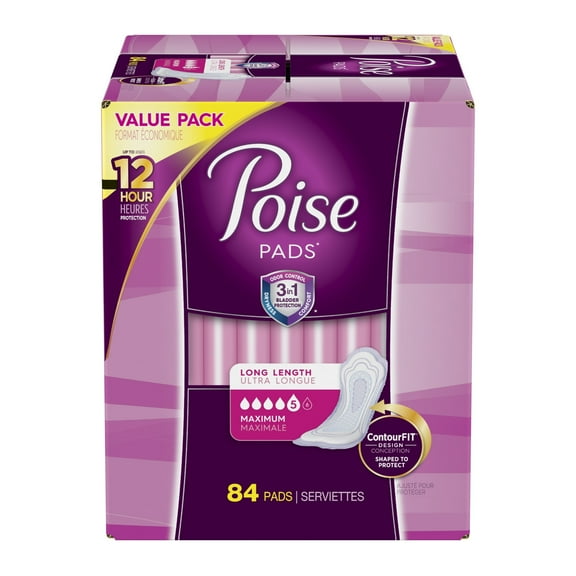 Poise Incontinence Pads, Maximum Absorbency, Long, 84 Count