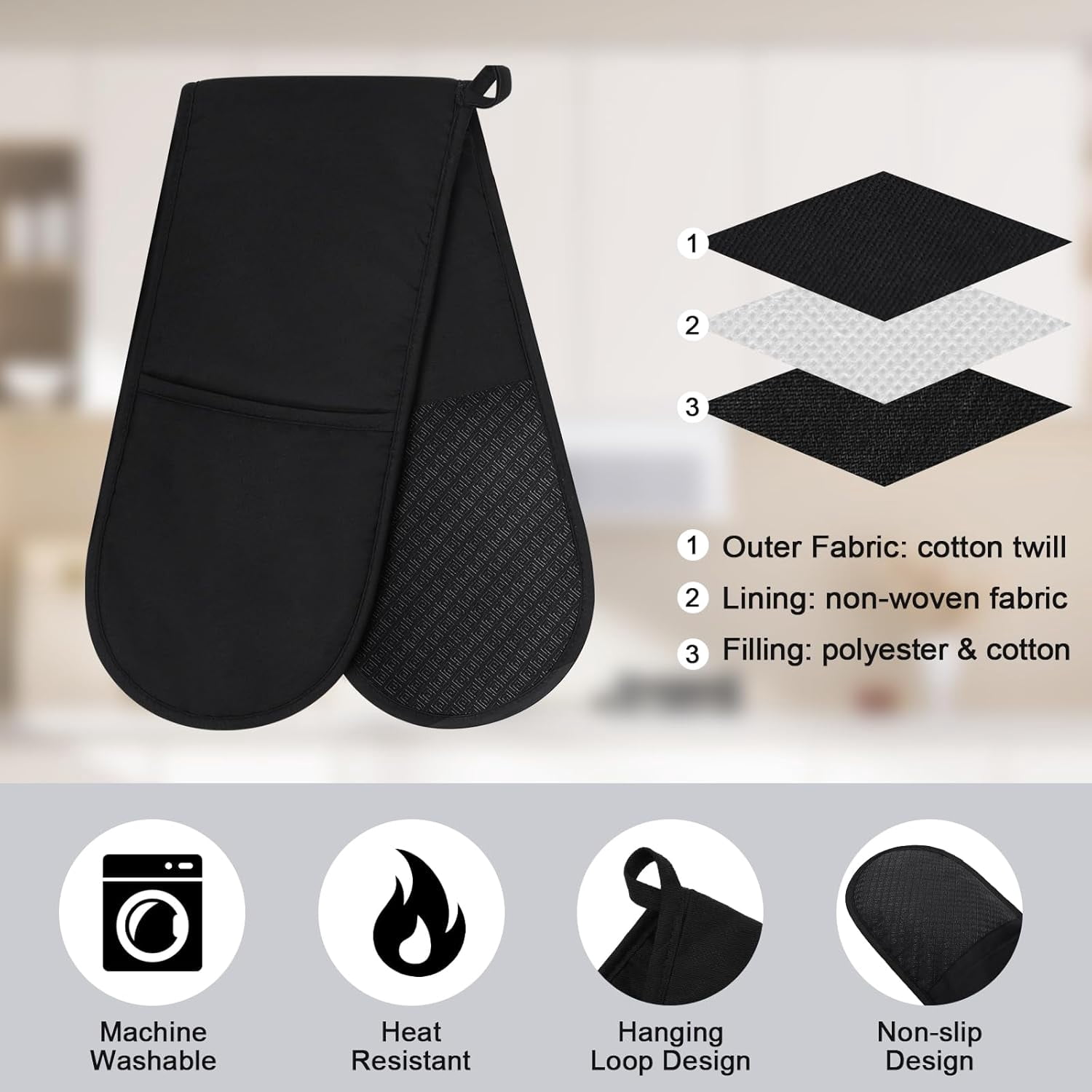 Black Double Oven Mitts，Heat Resistant 260℃ Waterproof Silicone Glove Kitchen Gloves Oven Extra Long Oven Mitts with Non-Slip Silicone Surface for Baking, Cooking, BBQ